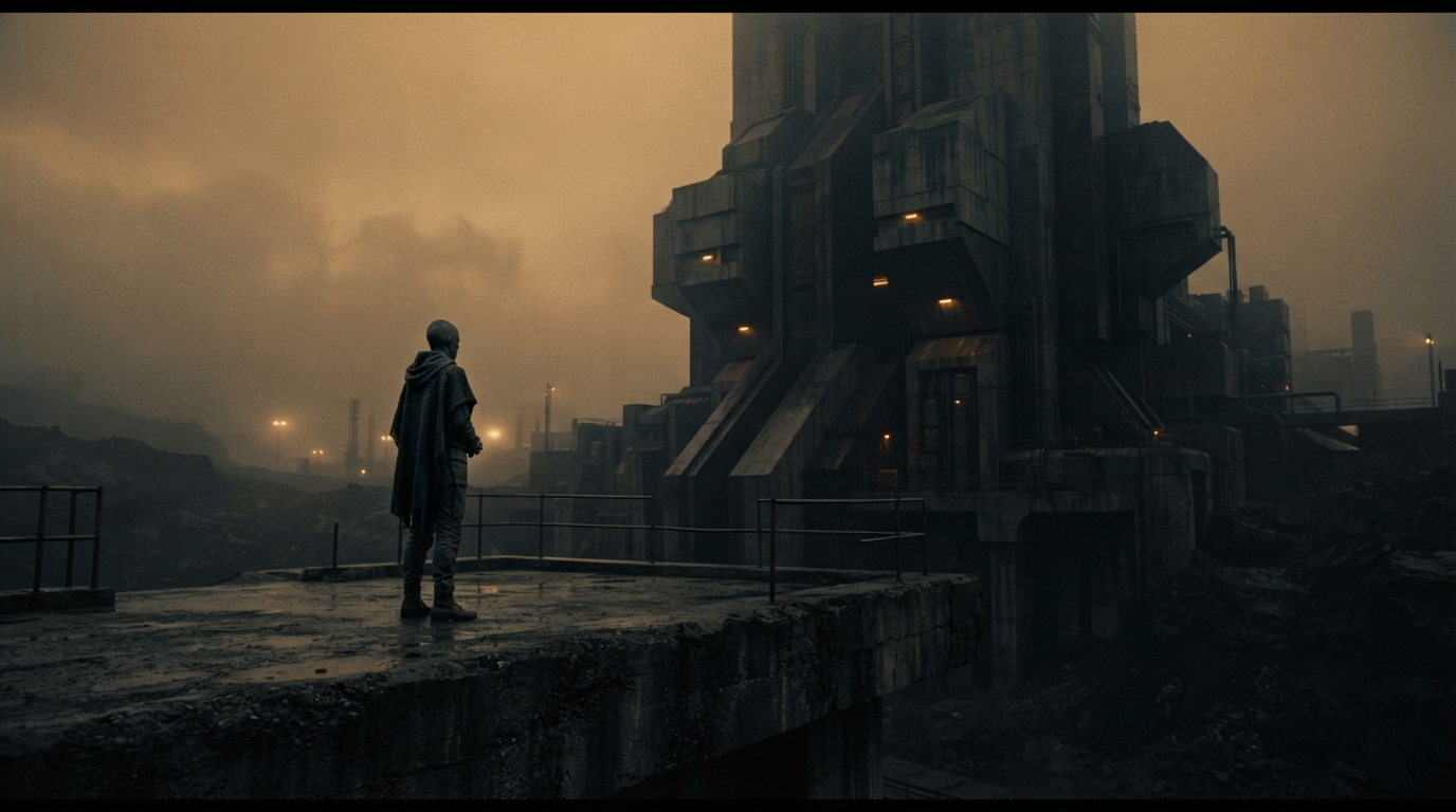 Brutalist dystopian megastructure enveloped in atmospheric haze