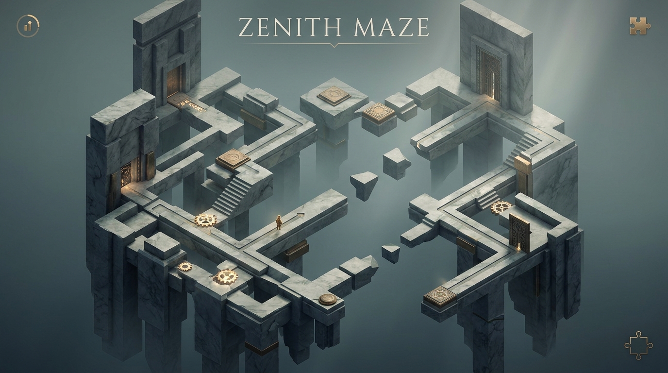 Minimalist isometric architectural maze puzzle game with marble surfaces